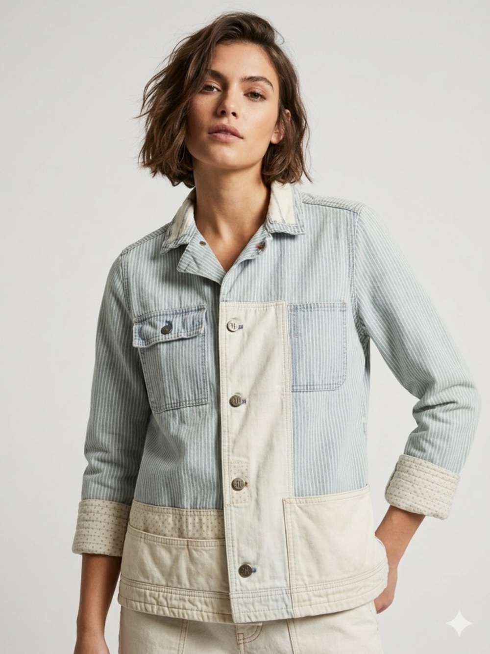 Anthropologie Holding Horses Blue Stripe Patchwork Denim Jacket Size M